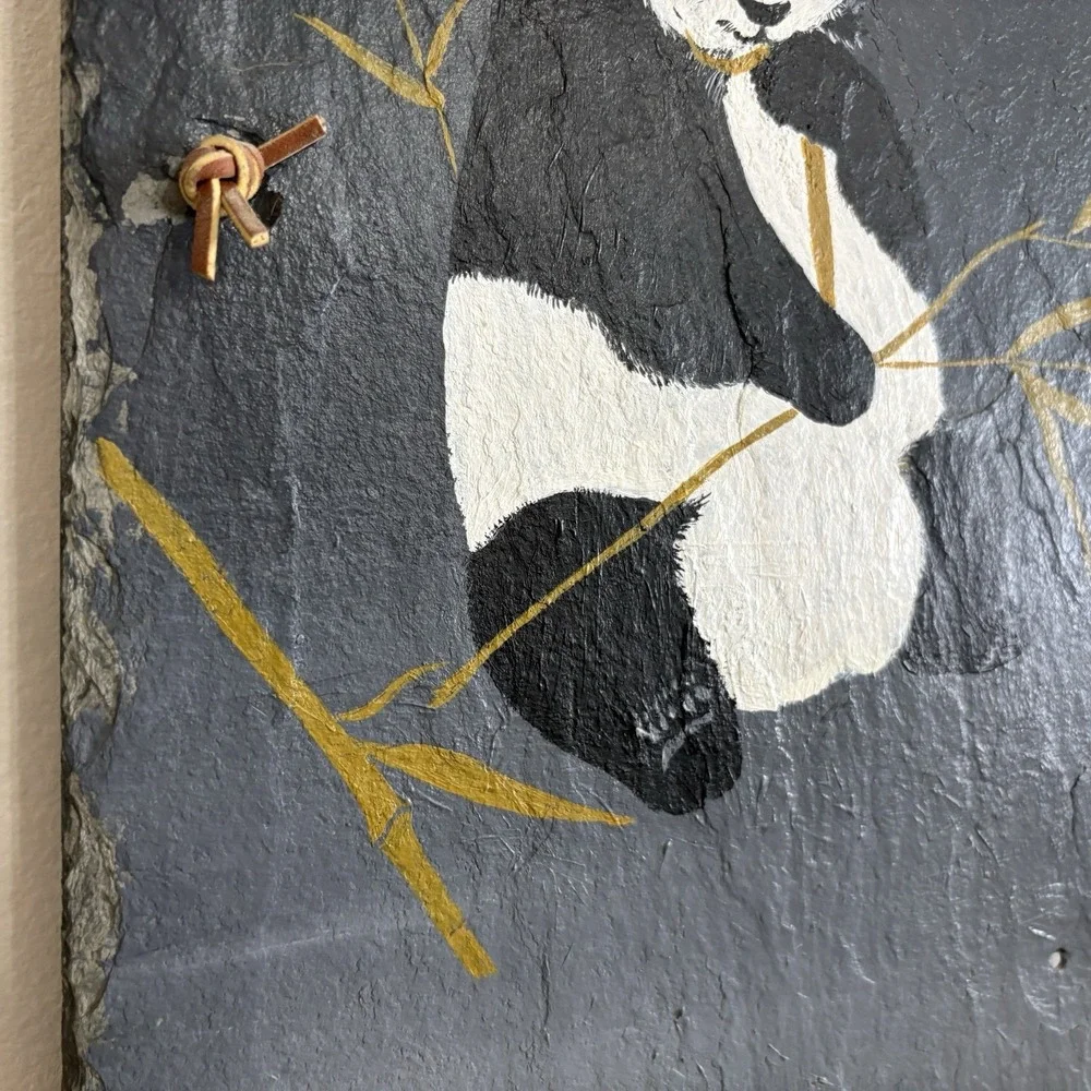 Vtg Stone Slate Hand Painted Panda Bear Bamboo Hanging Wall Decor 20